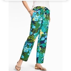 Talbots sz medium petite pull on tropical drawstring pants blue green WP284